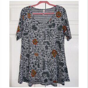 LuLaRoe Perfect Tee Gray Stripes with Orange Floral Pattern (Size XL)